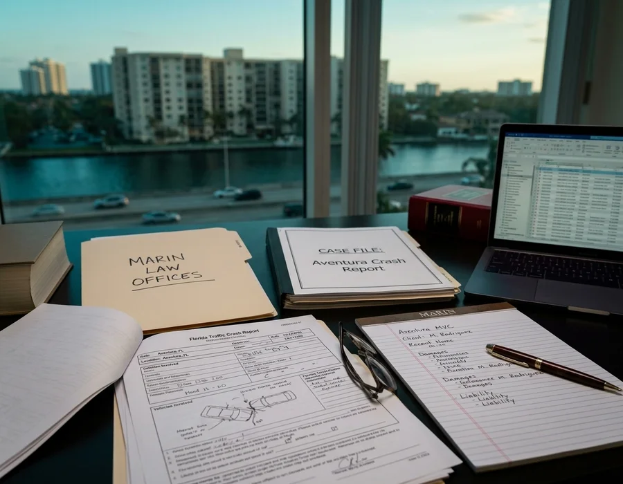 Documentary photograph of a Pinecrest case file, intersection diagram, and witness statements on an attorney's desk.