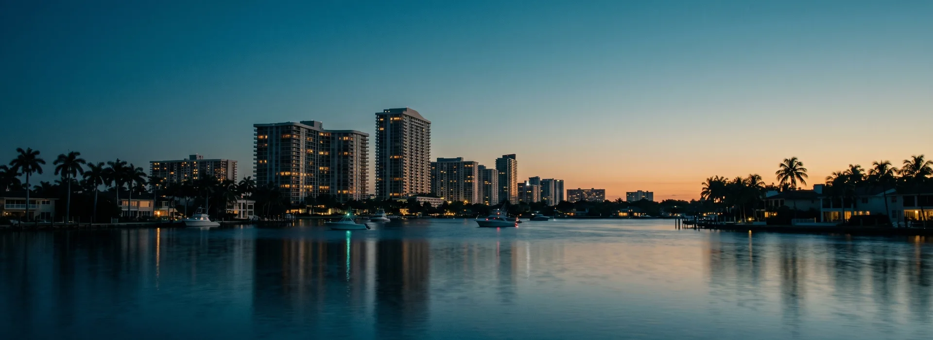Blue-hour photograph of Miami used as the backdrop for the construction accident lawyer consultation call to action.