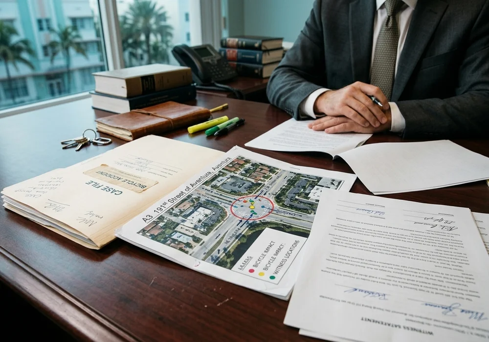 Documentary photograph of a Key Biscayne crash report and case file on an attorney's desk.