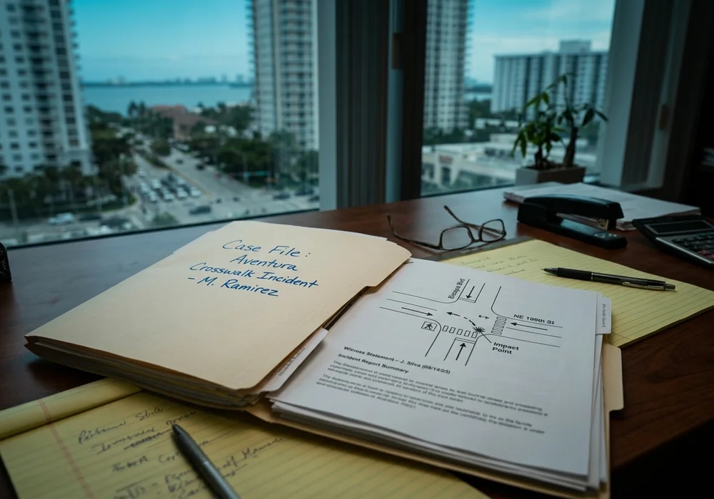 Documentary photograph of a Pinecrest crash report and case file on an attorney's desk.