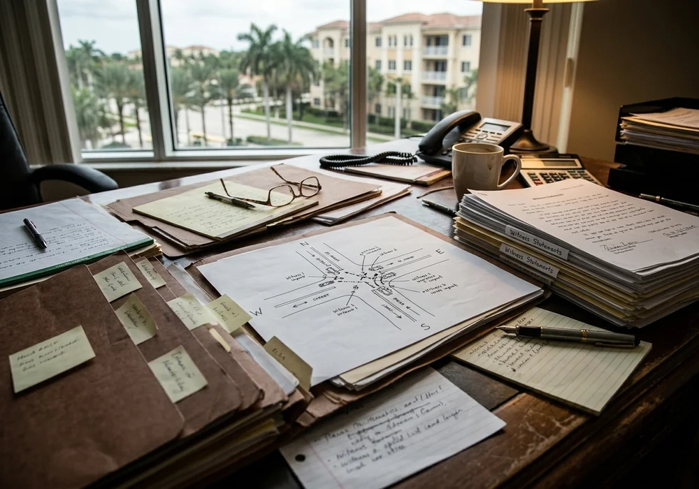 Documentary photograph of a Pinecrest crash report and case file on an attorney's desk.
