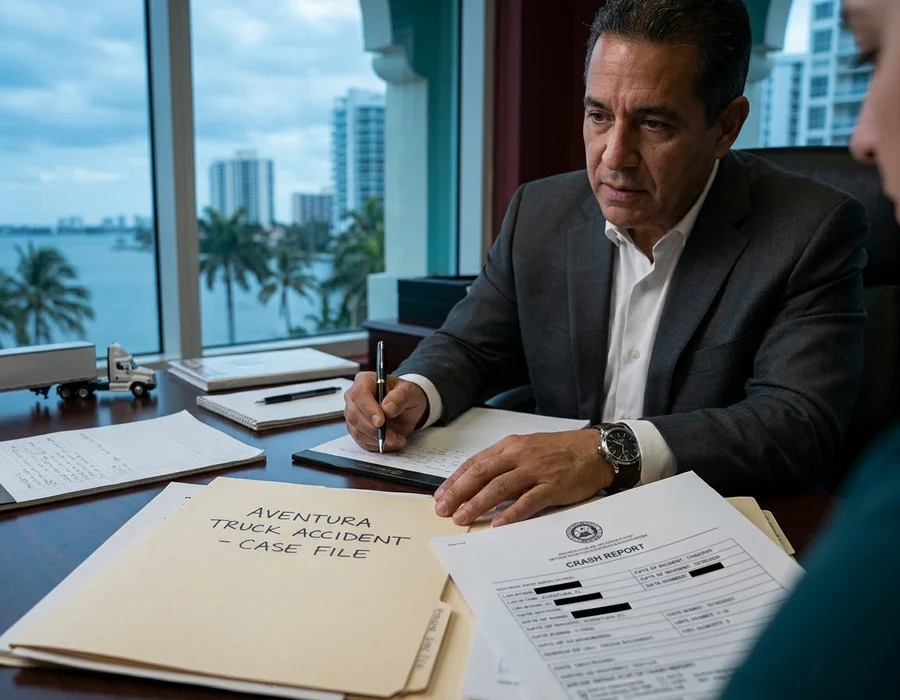 Documentary photograph of a Pinecrest crash report and case file on an attorney's desk.