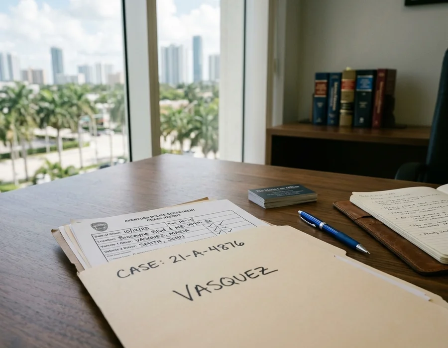 Documentary photograph of a Pinecrest case file, intersection diagram, and witness statements on an attorney's desk.