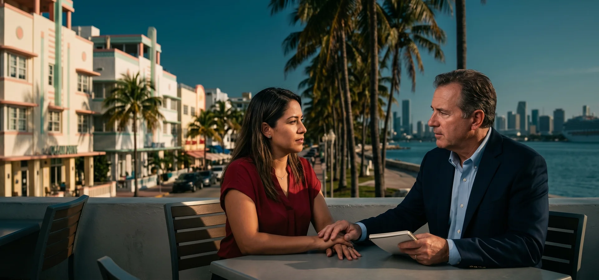 Blue-hour photograph of Key Biscayne used as the backdrop for the construction accident lawyer consultation call to action.