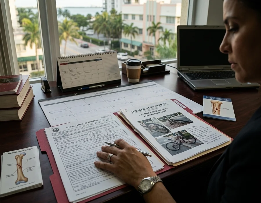 Documentary photograph of a Kendall crash report and case file on an attorney's desk.