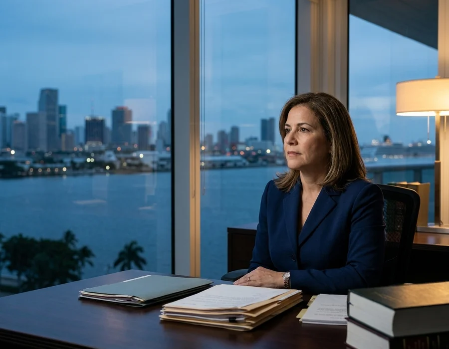 Documentary photograph of a Miami crash report and case file on an attorney's desk.