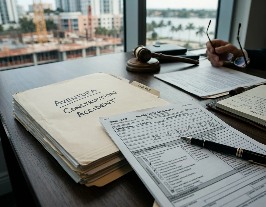 Documentary photograph of a Kendall case file, intersection diagram, and witness statements on an attorney's desk.