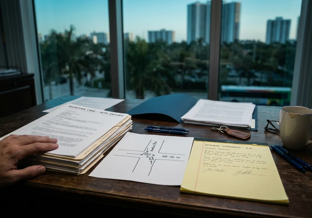 Documentary photograph of a Key Biscayne case file, intersection diagram, and witness statements on an attorney's desk.